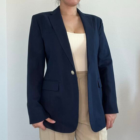 Lauren Ralph Lauren Navy Cotton Silk Blazer Size 4 Classic One Button Silk blend - Picture 3 of 14
